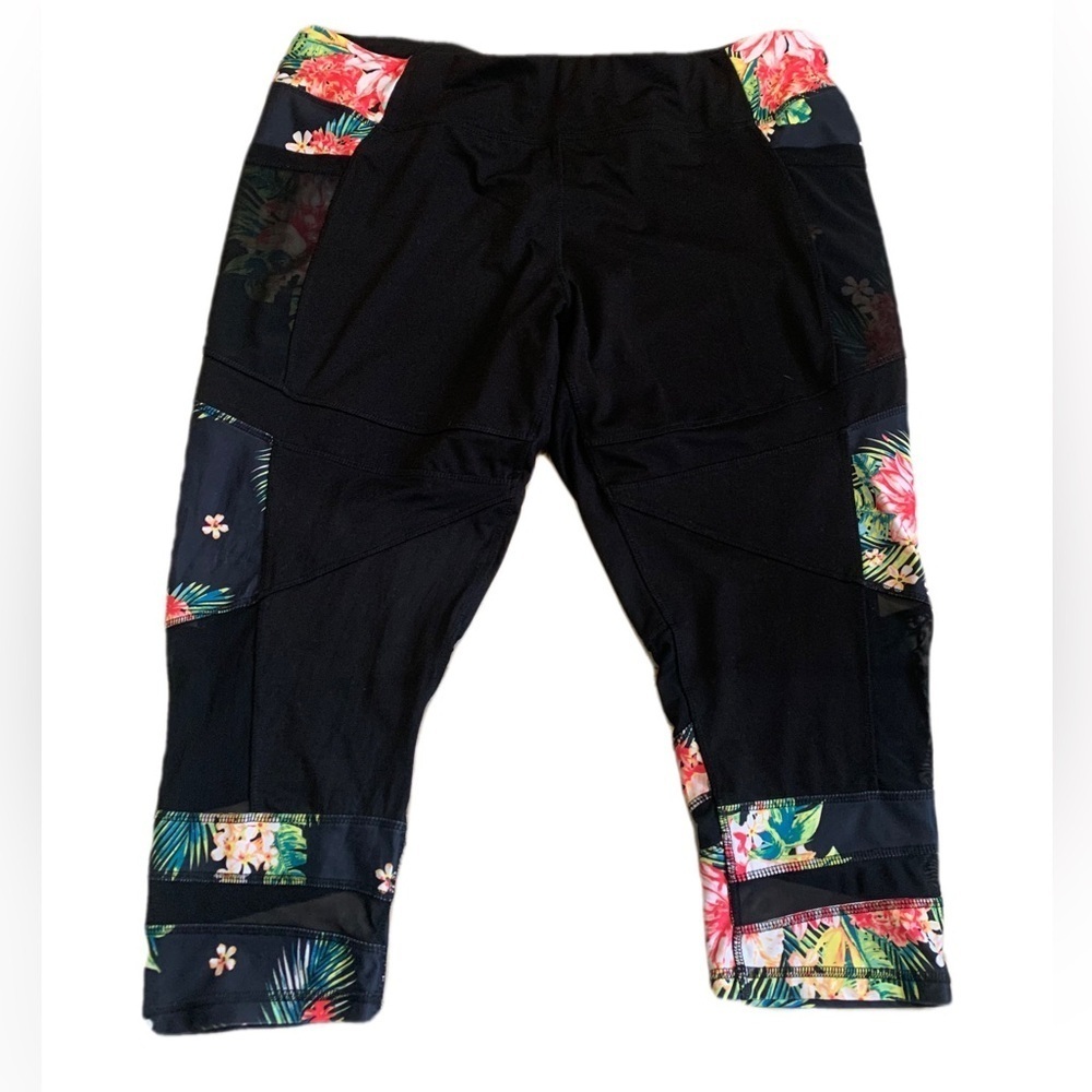 ACX Active Plus Size Floral Print Mesh Panel Capri Leggings 1X